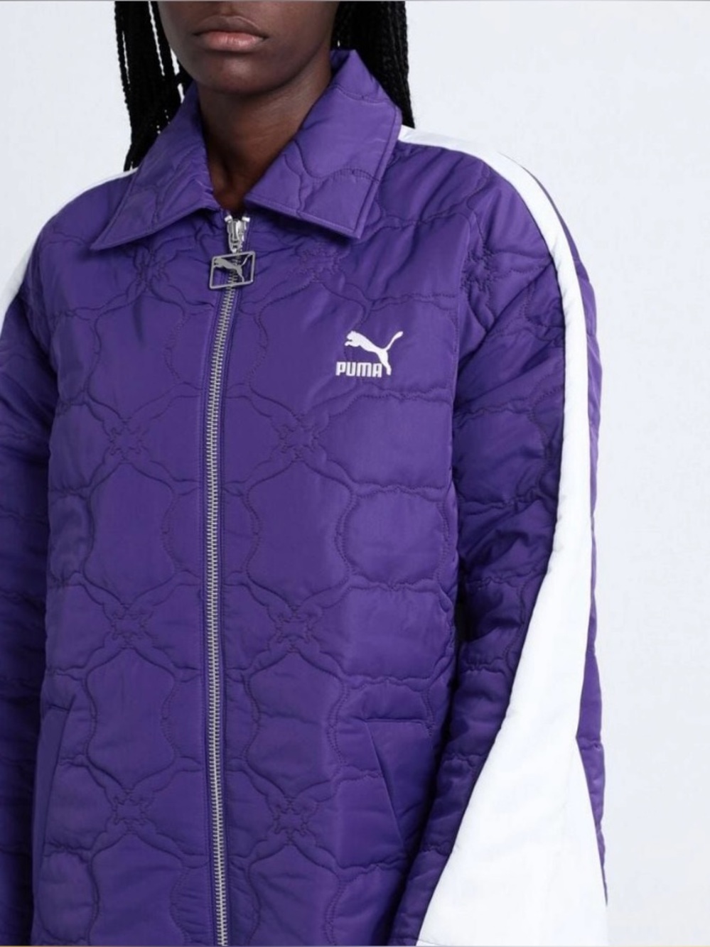 Puma Purple Quilted Puffer Jacket with White Sleeve Stripe
